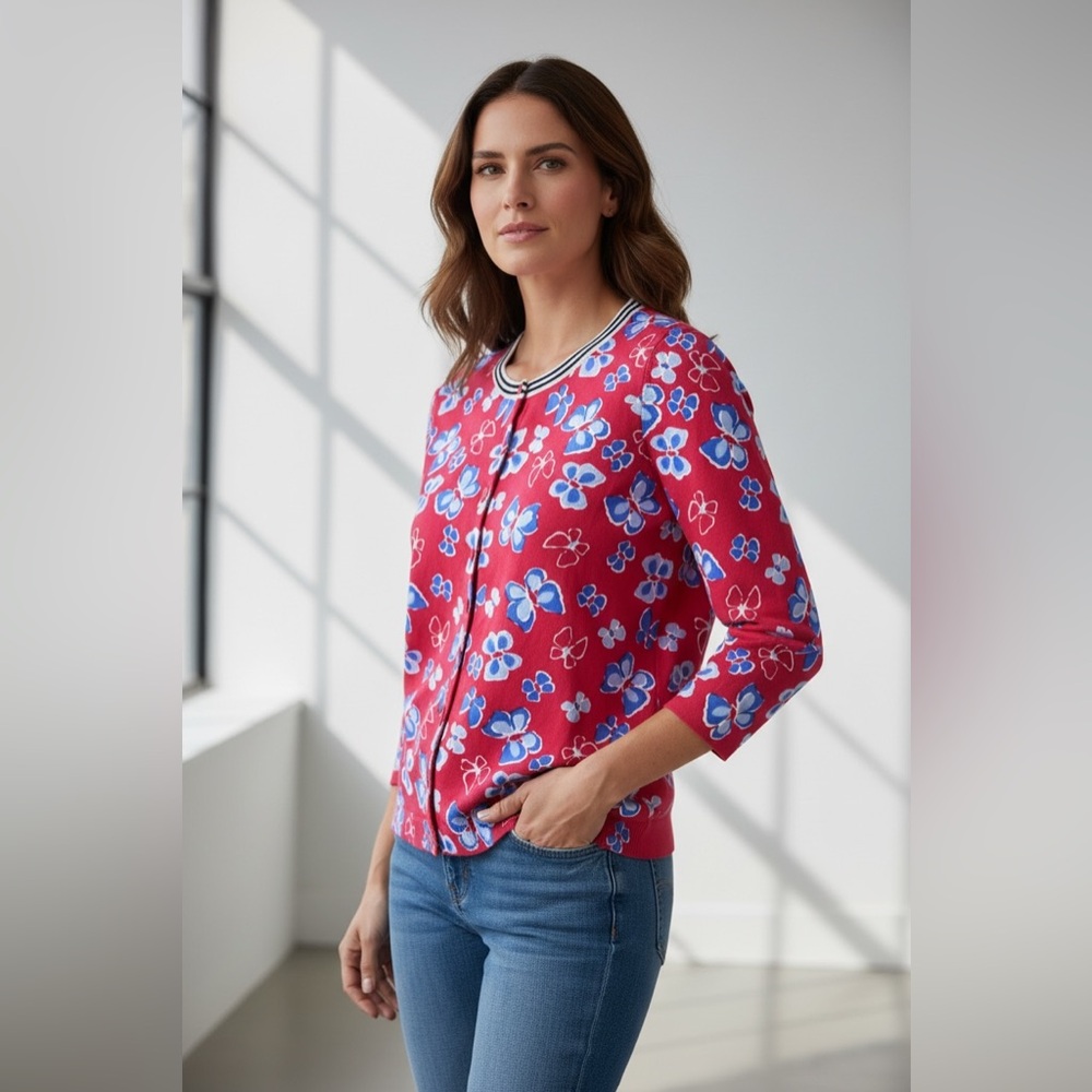 Talbots Red Cardigan with Blue Floral Butterfly Print Size Small Cottagecore
